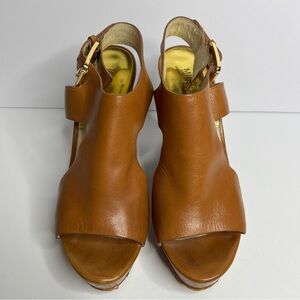 Michael Kors Josephine Leather Wedge Sandals Size 8.5 Tan Adjustable Ankle Strap
